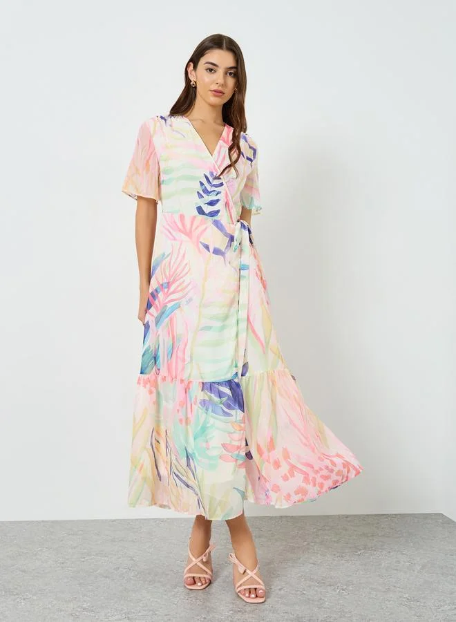 ستايلي فستان ميدي ملفوف بحافة واسعة وطبعة أزهار للنساء